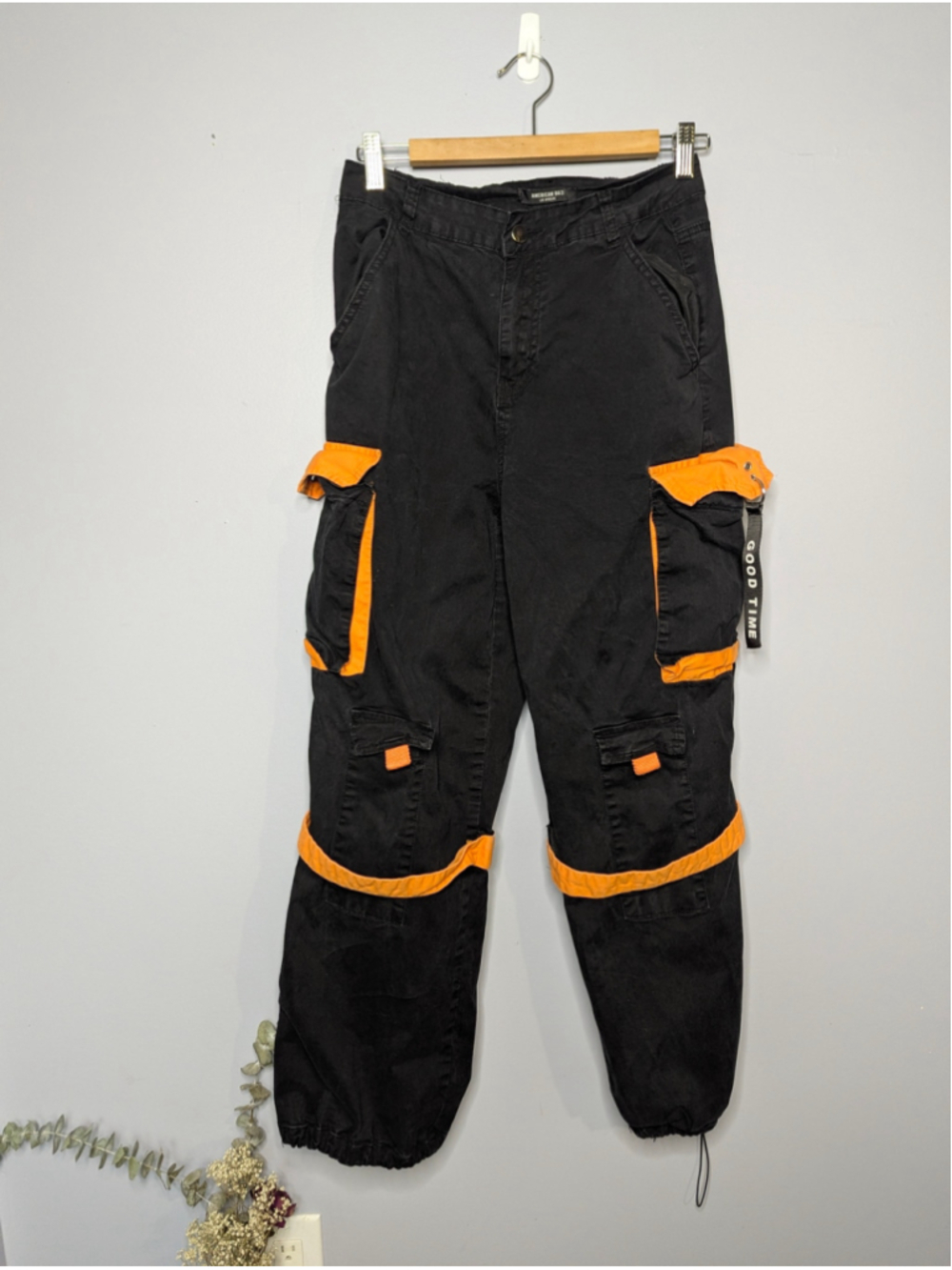 American Bazi Black & Neon Orange Strap Cargo Joggers Techwear Streetwear
